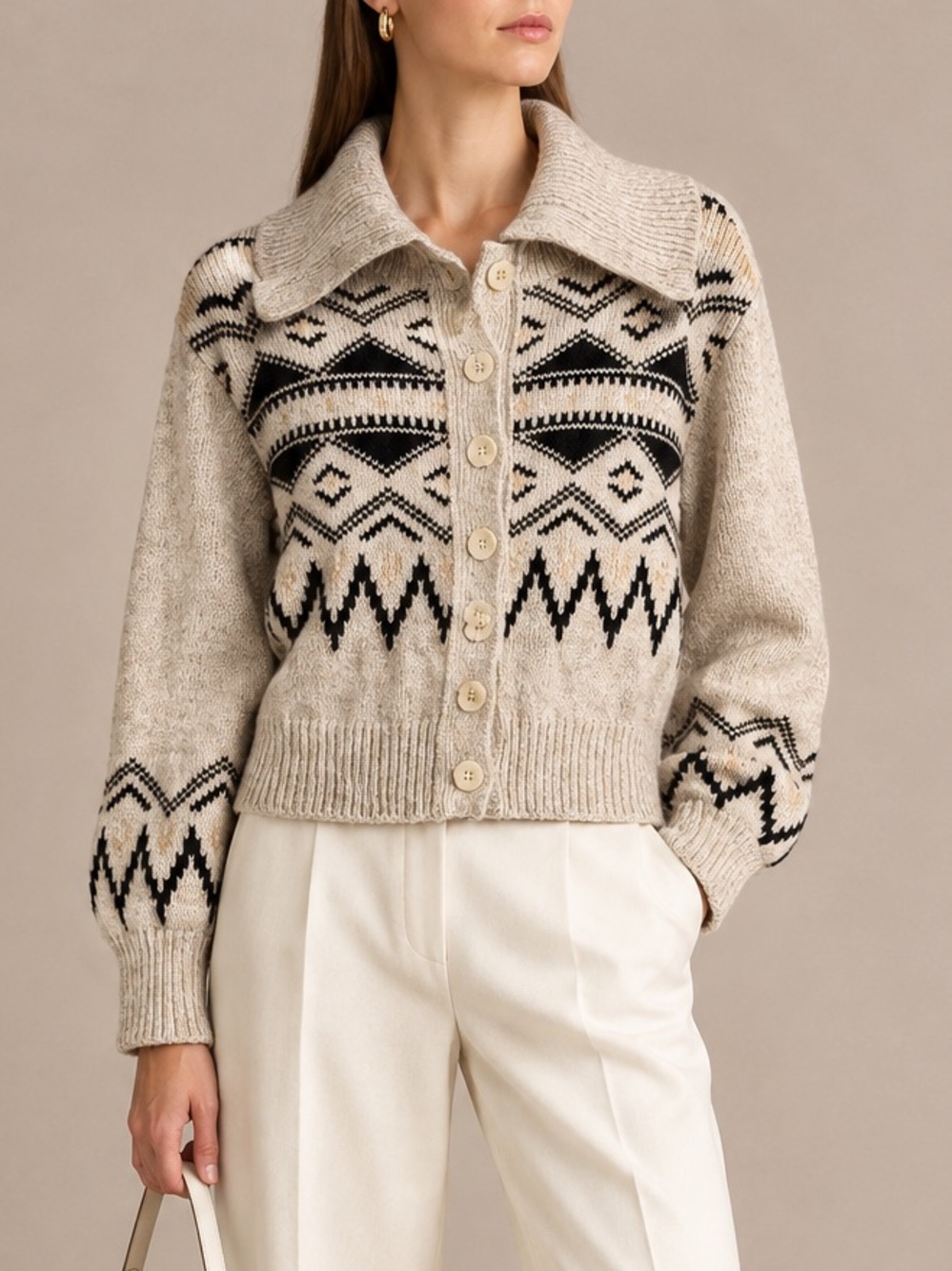 Cream Fair Isle Button-Up Collared Cardigan Sweater